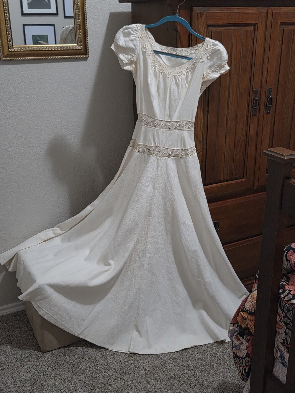 Vintage white a-line dress with puff sleeves and crochet eyelet detailing